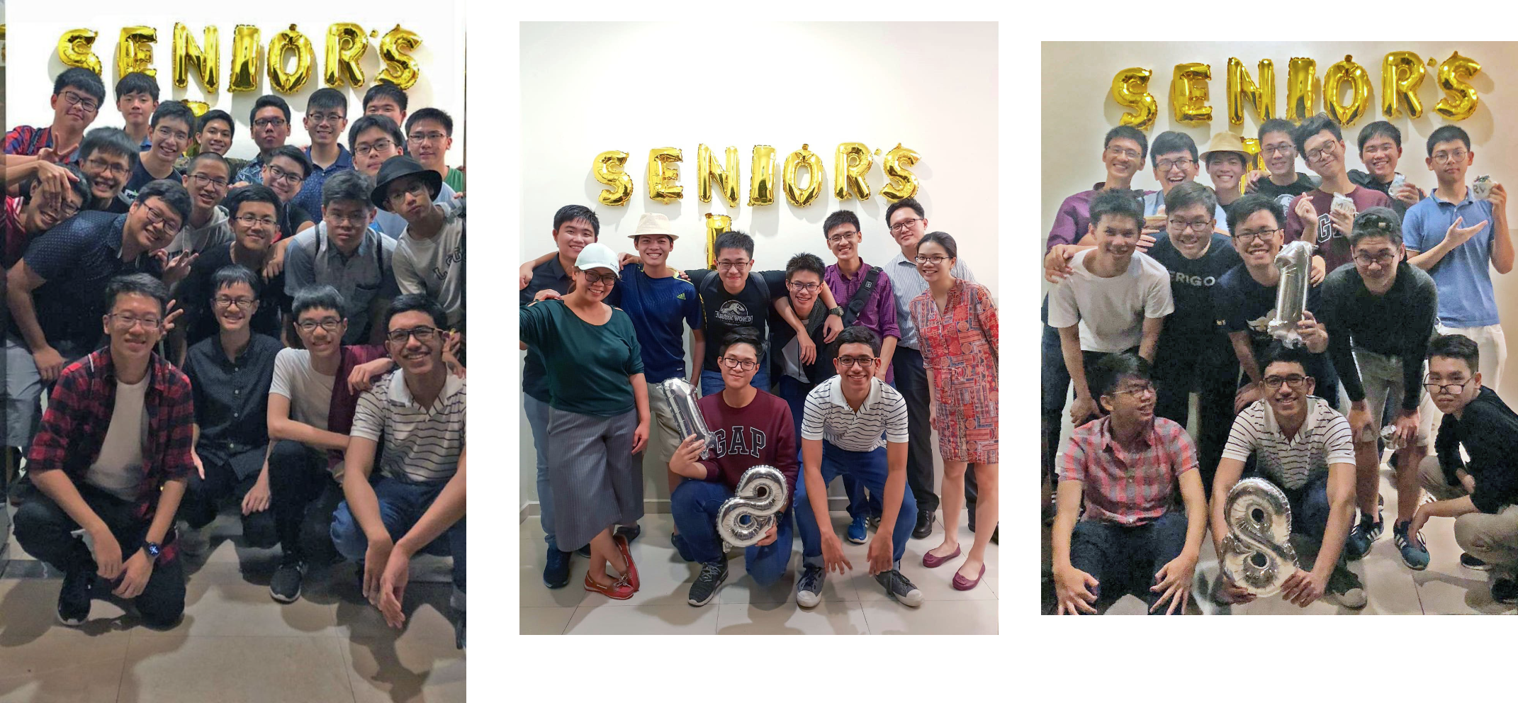 Three group photos of young people posing under gold "SENIORS" balloon letters, holding silver number balloons.